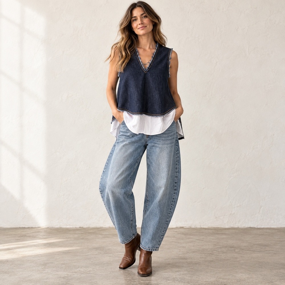 Derek Lam 10 Crosby 4 Raw Hem Denim Poplin Layered Tank Indie Sleaze